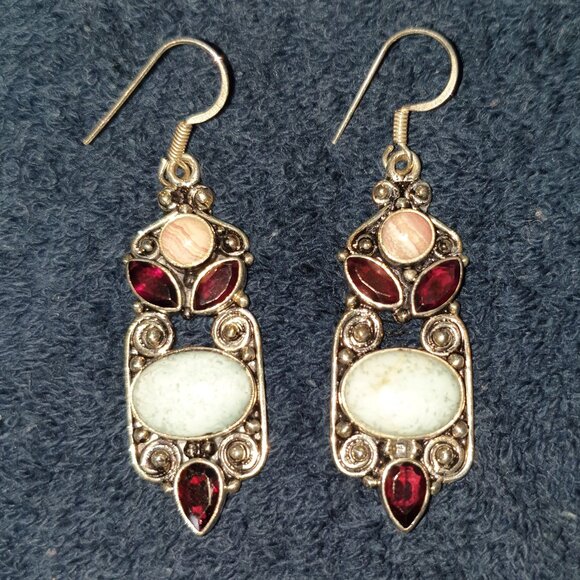 Victorian Genuine NATURAL Garnet, Rhodolite & Variscite 925 Silver Earrings - Picture 1 of 14